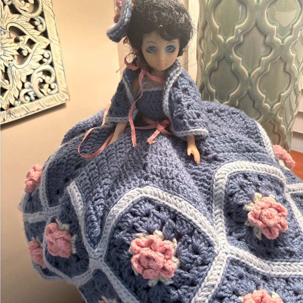 Crocheted Doll with Blue and Pink Dress